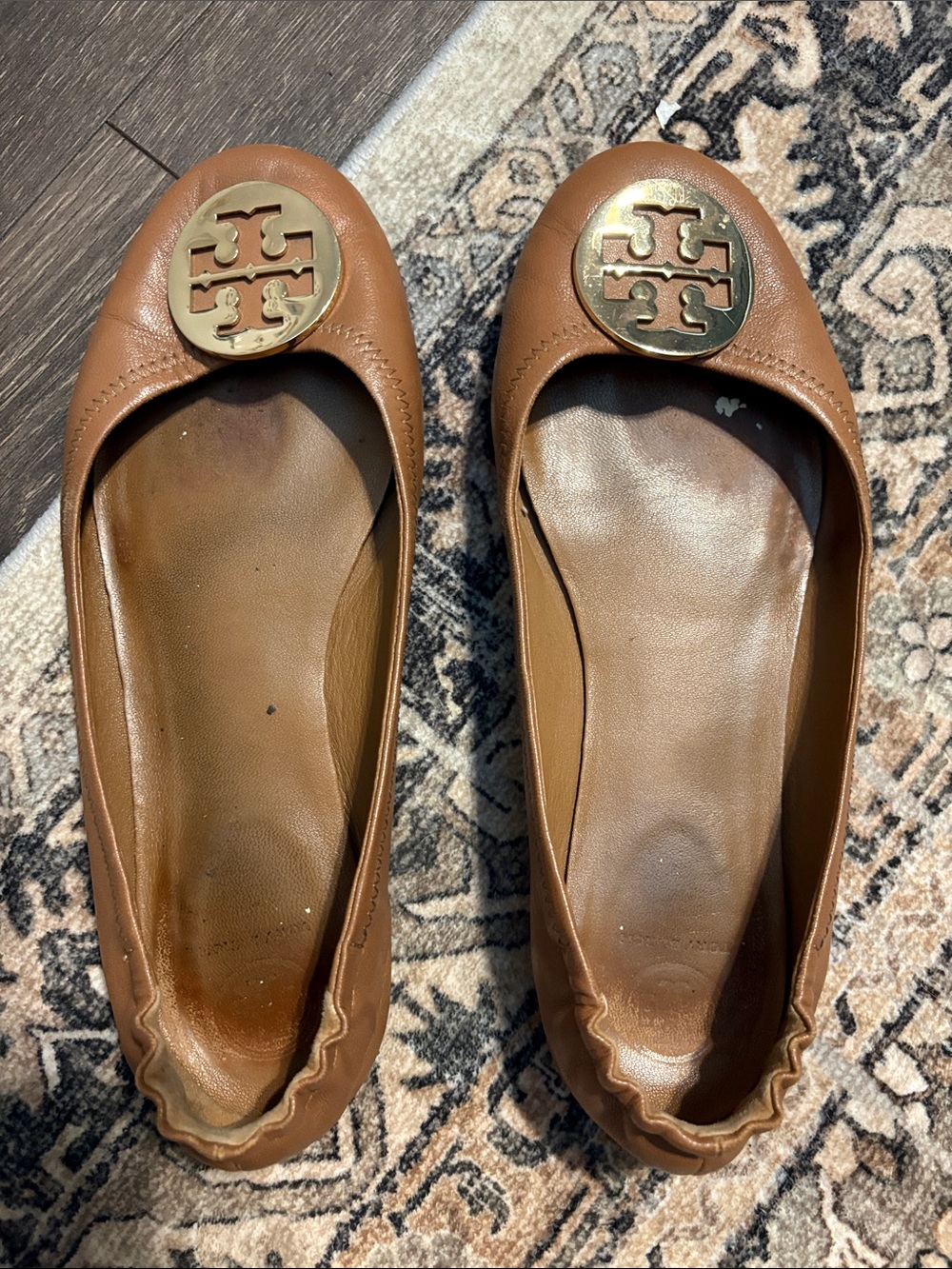 Tory Burch Brown Leather Logo Round-Toe Ballet Flats